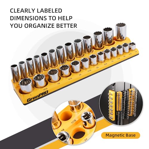 GRENPRO Socket Organizer for Tool Box Drawer, 6pc 143 Metric & SAE Magnetic Socket Holder, 1/4", 3/8", 1/2" Drive Socket Tray Set, Magnetic Socket Organizer - style: 6-Piece Magnetic Socket Holder