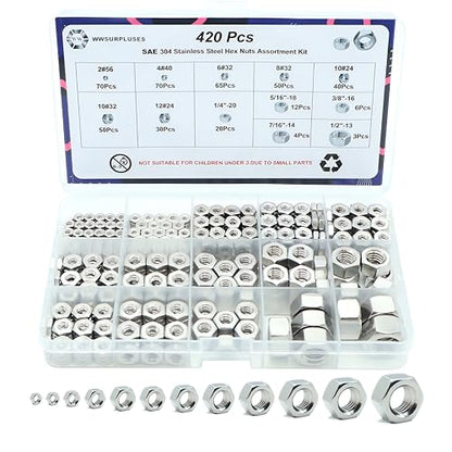 420 Pack SAE Hex Nuts Assortment Kit, 2#56 4#40 6#32 8#32 10#24 10#32 12#24 1/4"-20 5/16"-18 3/8"-16 7/16"-14 1/2"-13 304 (A2-70) Standard Inch Coarse Thread Hardware Nuts - size: SAE (420Pcs)