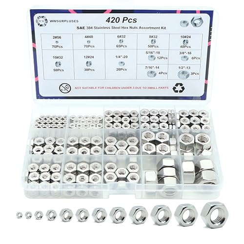 420 Pack SAE Hex Nuts Assortment Kit, 2#56 4#40 6#32 8#32 10#24 10#32 12#24 1/4"-20 5/16"-18 3/8"-16 7/16"-14 1/2"-13 304 (A2-70) Standard Inch Coarse Thread Hardware Nuts - size: SAE (420Pcs)