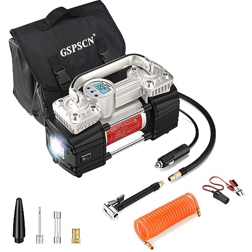 GSPSCN Heavy Duty Digital Tire Inflator 12V Portable Air Compressor Pump | 6X Faster Inflation Auto Shut-off Double Cylinders Metal Air Pump 150Psi with LED Light for Pickup,Truck,Car,Bicycles,RV,SUV - color: Silver