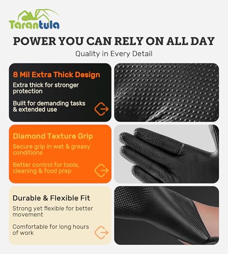 Tarantula 8-mil Disposable Nitrile Gloves,Heavy-Duty Fully Diamond Textured | Mechanic & Food-Safe, Powder-Free, Latex-Free, Non-Sterile, for Cooking & Cleaning - color: Black, size: X-Large