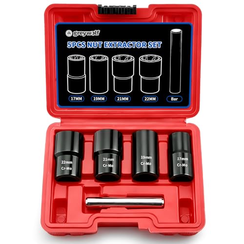Greywolf 5 pcs Wheel Nut Removal Tool Set, 1/2 Inch Impact Torque Socket Set and Bolt Extractor Set, Wheel Lock Removal Kit, Torque Socket Set for Damaged, Frozen, Rusted Round Bolts, Metric 17-22mm - size: 5 pcs