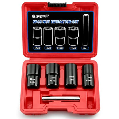Greywolf 5 pcs Wheel Nut Removal Tool Set, 1/2 Inch Impact Torque Socket Set and Bolt Extractor Set, Wheel Lock Removal Kit, Torque Socket Set for Damaged, Frozen, Rusted Round Bolts, Metric 17-22mm - size: 5 pcs