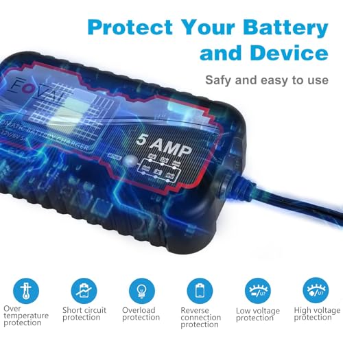 5A 6V/12V Smart Battery Charger – FOVAL Automatic Maintainer, Trickle Charger & Desulfator with Overcharge Protection & Temperature Compensation – for Lead-Acid & Lithium Batteries