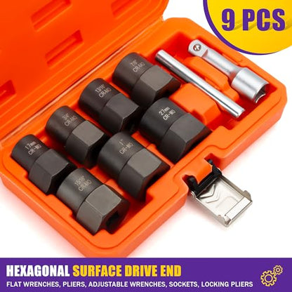 9PCS Bolt Extractor Kit Heavy Duty, 1/2" Drive Impact Lug Nut Remover Tool, Nut Extractor Set Large Size 17-27mm For Removing Stripped, Damaged, Rounded off and Rusted Nuts, Bolts, Studs - size: 9Pcs
