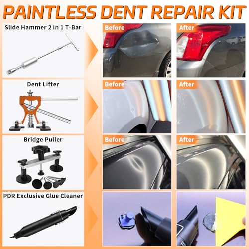 Paintless Dent Repair Kit with LED Line Board, Heat Gun for Glue Removal & Dent Heating, Dent Puller Kit with T-Bar, Dent Lifter, PC Glue Tabs, Auto Body Dent Removal Kit for Cars Trucks - size: PDR tools-A3