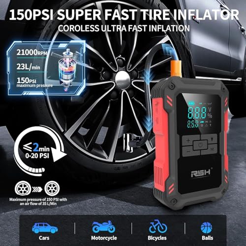 RSH Car Jump Starter with Air Compressor 4000A Peak Battery Jump Starter 14.8V ,150PSI Inflator Auto Booster 15000mAh Jump Box (up to 10L Gas,8L Diesel Engine)with LED Light,Quick Charger USB & Type C