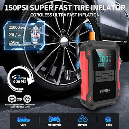 RSH Car Jump Starter with Air Compressor 4000A Peak Battery Jump Starter 14.8V ,150PSI Inflator Auto Booster 15000mAh Jump Box (up to 10L Gas,8L Diesel Engine)with LED Light,Quick Charger USB & Type C