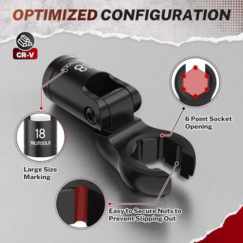 BILITOOLS 6PCS Flex Head Crows Foot Line Wrench Set, 3/8" & 1/2" Drive | Injector Fuel Line Sockets Wrench Set, Crowfoot Flare Nut Socket Wrench, Metric 12 14 16 17 18 19 mm, Storage Box - style: Short Flex Head Wrench Set
