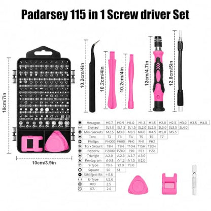 115-in-1 Precision Screwdriver Sets, Multiple Repair Tool Kit with Cluch Head and Bits Non Slip Handle and Tweezers for Electronics, Watch, Glasses, Automotive Maintenance, Pink - color: Lightpink