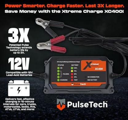 PulseTech XC400 Xtreme Charge 4 AMP Smart Battery Charger Maintainer, Trickle Charger | Test, Charge, Condition and Maintain All Types of 12V Lead-Acid Batteries