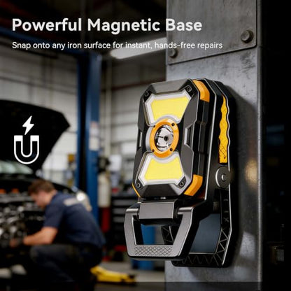 Adelante W3 Rechargeable Clamp Work Light, 2100LM, 360° Rotating Head | 4000mAh battery, 3-10 hours runtime, 2.5 in clamp, dual magnets, IPX4 waterproof, USB-C charge and USB output for workshop