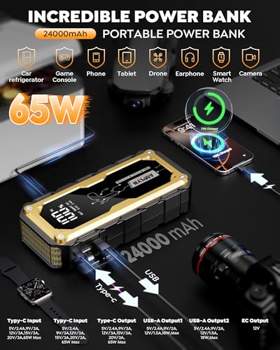 Car Jump Starter with 65W Quick Charger 24000mAh Battery Pack,12V Car Battery Jumper Starter Portable,LED Display,All Gas 12L Diesel Engine Booster,Jump Box with LED Light,Jump Cable - color: Gold