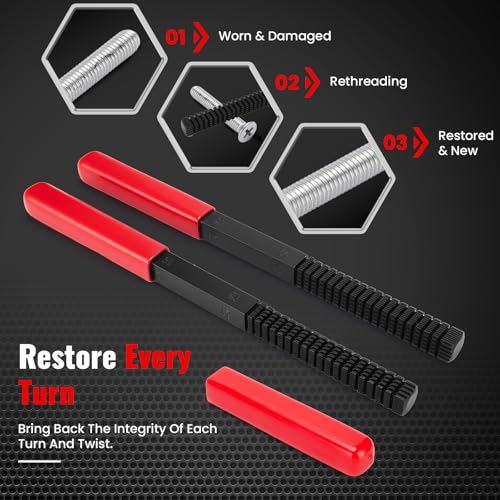 48PCS Thread Chaser Set, Metric SAE Thread Restorer Kit, Thread Repair Kit with 22 Taps 24 Dies 2 Thread Files for Wheel Stud, Spark Plug, Engine, Standard Screw Threading UNC UNF with Case