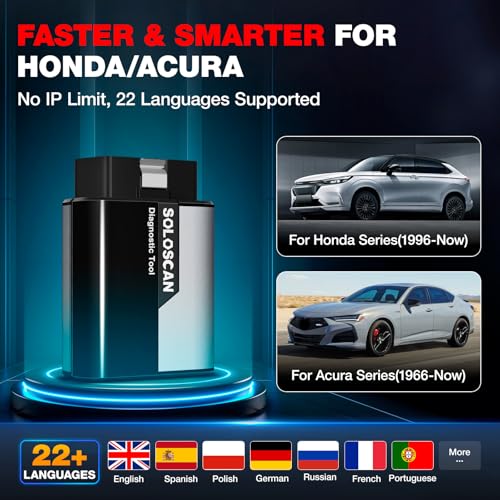Kingbolen Soloscan for Honda Acura OBD2 Scanner Bluetooth, Bidirectional Test Full System Diagnostic Scan Tool for Android & iOS, All Reset Services, AutoVin, Lifetime No Subscriptions