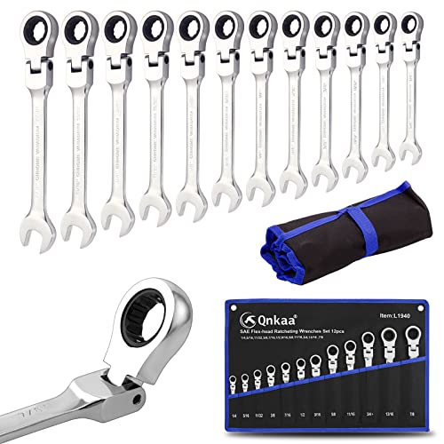Qnkaa 12pcs Flexible Ratchet Wrenches Set SAE 1/4” to 7/8“ Inch Standard Spanners Gear Ring Ratcheting Combination Flexi Wrench Kit Flex Flexible Head - size: 12-Piece SAE Set