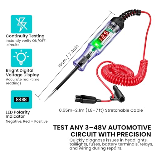 Test Light 3-48V Automotive Digital Fuse Tester – Automotive Voltage Tester with LED Display, Piercing Probe, Electrical Voltage Test Pen for Car, Truck, RV, Boat Circuit Testing 6V 12V 24V
