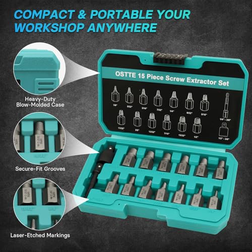 15Pcs Bolt Extractor Kit, 3/8" Multi-Spline Drive | Easy Out Set, Cr-Mo Steel for Stripped/Broken/Rusted Bolts & Screws, Hex Multi-Spline Remover, Storage Case - size: 15 Piece