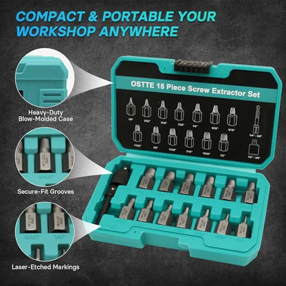 15Pcs Bolt Extractor Kit, 3/8" Multi-Spline Drive | Easy Out Set, Cr-Mo Steel for Stripped/Broken/Rusted Bolts & Screws, Hex Multi-Spline Remover, Storage Case - size: 15 Piece
