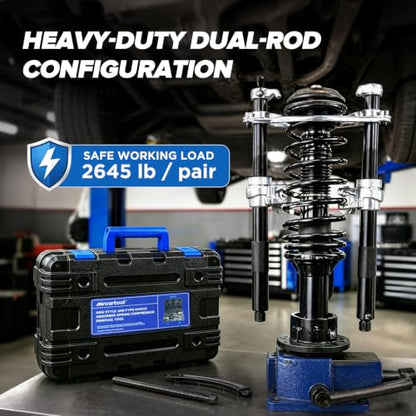 2-Jaw Coil Spring Compressor 4-Rod Strut Tool for BMW Audi Porsche LR | 4-rod 45 steel with arc support arm，fits 90-180mm diameter and 220-380mm height，forged jaws, hard case，for European cars.