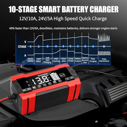 Battery Charger 10 AMP, 12V/24V LiFePO4 Lead Acid Car Battery Pulse Repair Charger, Smart 10-Stage Maintainer & Trickle Charger w/Temp Compensation