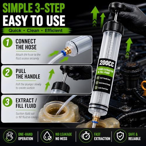 200CC Fluid Extractor Pump, Oil Extractor Pump with 2 Flexible Hoses, Manual Fluid Transfer Pump for Transmission Fluid, Brake Fluid, Coolant, Differential, Gear Oil, Automotive Fluid Extractor