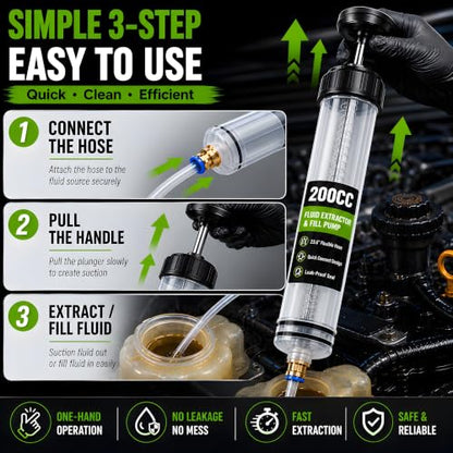 200CC Fluid Extractor Pump, Oil Extractor Pump with 2 Flexible Hoses, Manual Fluid Transfer Pump for Transmission Fluid, Brake Fluid, Coolant, Differential, Gear Oil, Automotive Fluid Extractor