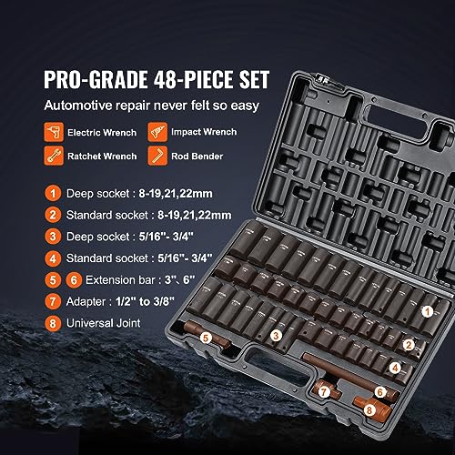 VEVOR Impact Socket Set 3/8" Drive, 48-Piece Standard SAE (5/16 to 3/4 inch) & Metric (8 to 22 mm) Size, Deep & Shallow, 6 Point, CR-V, Extension Bar, Universal Joint, 1/2" F to 3/8" M Reducer - style: 3/8" 48PCS