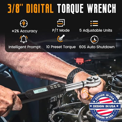 MULWARK 3/8" Digital Torque Wrench Electronic Set, with Buzzer & LED, 2.2-44.3 ft-lbs(3-60 Nm), High Precision Adjustable Bike Torque Wrenches Car Repairing Tool Calibrated with Storage Case - size: 3/8'' digital torque wrench, style: Alloy Steel