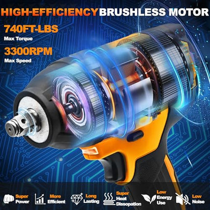 1/2 Cordless Impact Wrench, 1/2 Inch Impact Drive with Brushless Motor, 1000N.m(740Ft-Lbs), 3300PRM, Electric Impact Wrenches with Battery and Charger, 6 Sockets
