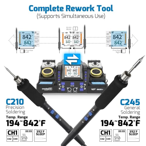 WEP 982D-II 2-In-1 Micro Soldering Kit with Type-210 and 245 Micro Soldering Iron; Automatic Calibration, Adaptive Display Mode, 3 Pre-set Channels, Dynamic LCD Display, Automatic Sleep Mode and More