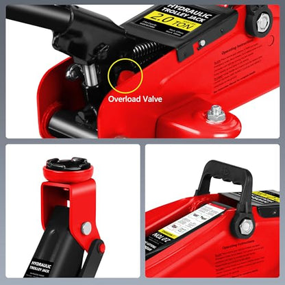 2 Ton (4000 lbs) Capacity, Low Profile Hydraulic Trolley Service/Floor Jack Combo with 2 Ratchet 3 Ton Jack Stands, tire Repair kit, 14-inch Wheel Cross Wrench - color: 2Ton with Jack stands+Tire repair kit+Wrench Red