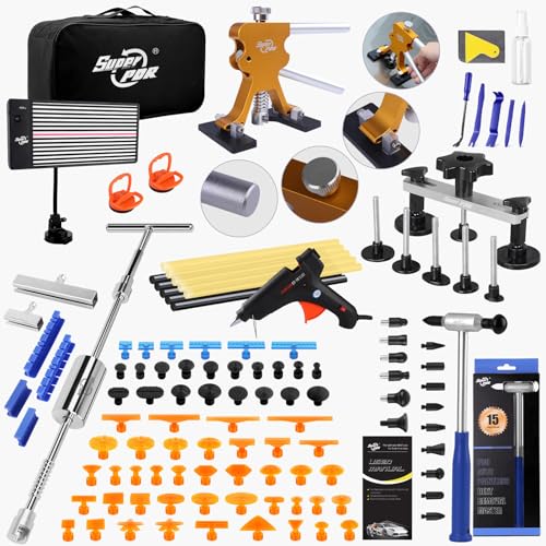Super PDR Paintless Dent Repair Kit - Professional Puller with 100W Glue Gun LED Line Board and 64 Tabs T-Bar Slide Hammer - Auto Bodywork Tool Set for Car Door Ding Removal and Hail Damage