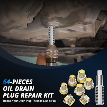 YSTOOL 64pcs Oil Drain Plug Repair Kit in M13 M15 M17 M20 Sizes, Metric Oil Drain Pan Thread Repair Kit, Drain Pan Automotive Rethreading Tools Kit with 4 Taps Asorted Sump Plugs, Copper Washers