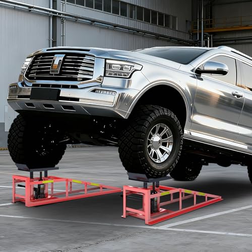 2 PCS Hydraulic Car Ramp, 5T/11000 LBS Heavy-Duty Car Ramp, Hydraulic Oil Change ramp with Built-in high Visibility Reflective Strip, Adjustable Lifting Height of 9.8-15 in Garage Car Ramp,Red - color: Red