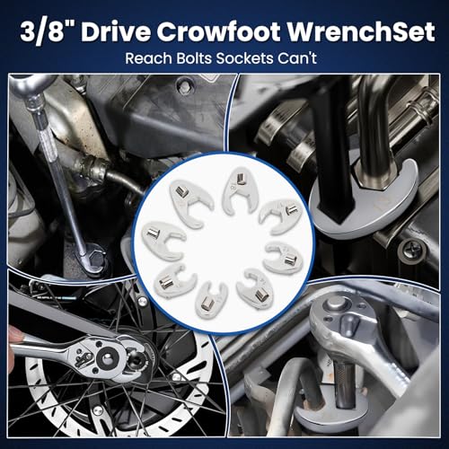 3/8" Drive Metric Crow foot Wrench Set 10-Piece 10-22mm, CR-V Steel Flare Nut Design, for Automotive & Plumbing Tight Spaces Access with Clip-On Organizer
