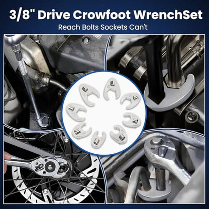 3/8" Drive Metric Crow foot Wrench Set 10-Piece 10-22mm, CR-V Steel Flare Nut Design, for Automotive & Plumbing Tight Spaces Access with Clip-On Organizer