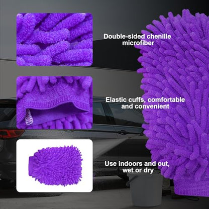 Ziciner Premium Microfiber Wash Mitt, Soft Scratch-Free Double-Sided Chenille Washing Gloves Perfect for Car Washing and Detailing (Purple, Large) - color: Purple