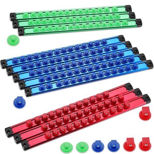 11 Pcs Magnetic Socket Organizer Set, 1/2", 1/4", 3/8" Magnetic Socket Rail for Tool Box Drawer, Socket Holder Magnetic with 148 Pcs Standard Size for Automotive Garage