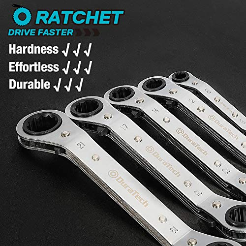 DURATECH 5 Pc Double Offset Box End Reversible Ratcheting Wrench Set Metric, Heavy-duty, Matte Chrome Plated, Ratchet Spanner Crooked for Narrow Spaces (6x8 mm, 10x12 mm, 13x14 mm, 15x17 mm, 19x21 mm) - size: Metric