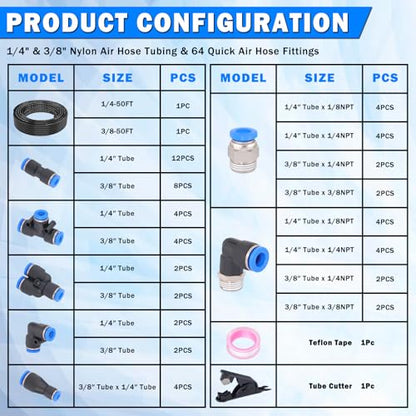 68 Pcs DOT Air Line with Quick Connect Air Fittings Kit 2 Roll 50FT 1/4" and 3/8" DOT Air Lines Kit with 66 Pcs Push Lock Air Line Fittings Pneumatic Push to Connect Air Hose Fitting - size: 68 PCS-50FT 1/4+3/8