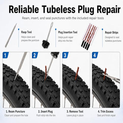 Tubeless Bike Tire Repair Kit with CO2 Inflator, Plug Tool, Strips & Storage Case