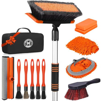 62'' Car Wash Brush with Long Handle, Complete Car Wash Kit, Scratch-Free Car Cleaning Brush Mop Kit with Clay Bar, Wash Mitt, Window Squeegee, Wheel Brush, Storage Bag for Car Truck RV