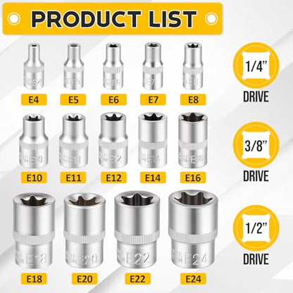 14-Piece E-Torx Socket Set, Premium External Torx Star Sockets - 1/4" 3/8" 1/2" Drive E4-E24, Ultimate Torque Socket Kit, Storage Case Included for Automotive Repair & Maintenance