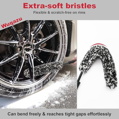 4PCS Wheel Tire Cleaning Kit 360 Flexible Scratch-Free Rim Brush | Dual-bristle tools & lint-free microfiber towel, compact portable multi-vehicle auto care holiday gift set