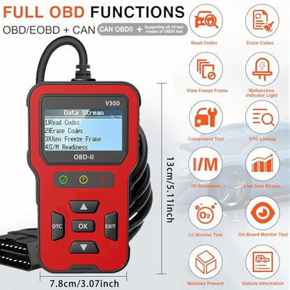 OBD V300 2 Scanner Check Engine Clear Code Reader Live Data Freeze Frame I/M Readiness Vehicle VIN Lookup Emissions Test Battery Voltage Test Works on All 1996 and Newer Gas only Vehicles