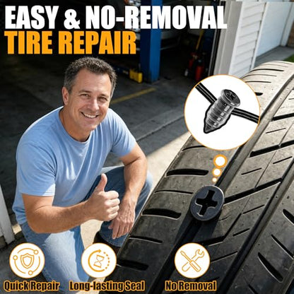 60 PCS Tire Repair Rubber Nails Kit, Vacuum Tire Screw Plugs, Fast Self-Service Tire Repair Tool for Car, Truck, Motorcycle, Bike, Tractor Puncture Repair Kit (Screwdriver Included)