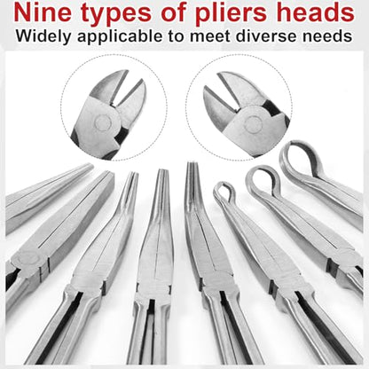 9 Piece 11 Inch Long Reach Pliers Set 45° 90° Bent, Circle, Diagonal Carbon Steel Needle Nose Pliers for Narrow Spaces and Limited Areas (Red) - color: Red