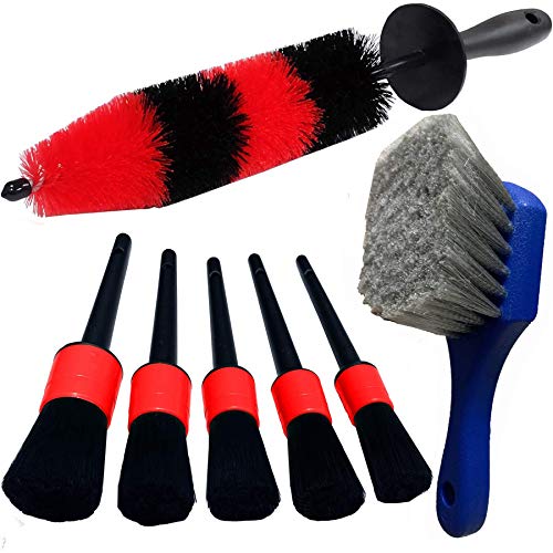 Car Wash Brush with Long Handle, Car Detailing Kit, Wheel Brush 7 Packs | Wheel Cleaner Brush, 17 In Long Wheel Brush, Soft Cleaning Tire Brush, 5 Car Detailing Brush Set (Red & Blue) - color: Red