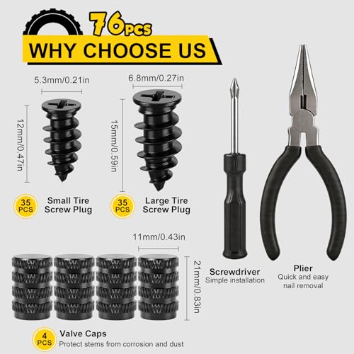 76PCS Tire Repair Rubber Nail Kit, 2 Sizes Premium Spiral Screw-in Tire Plugs, Tire Screw Plugs with Screwdriver, Pliers, Fast Self-Service Tool for Car, Truck,Motorcycle,Tractor Tire Puncture Repair - size: 76PCS